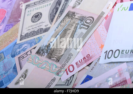 Europäische und amerikanische Geld, Griwna, Schutt und US-Dollar Stockfoto