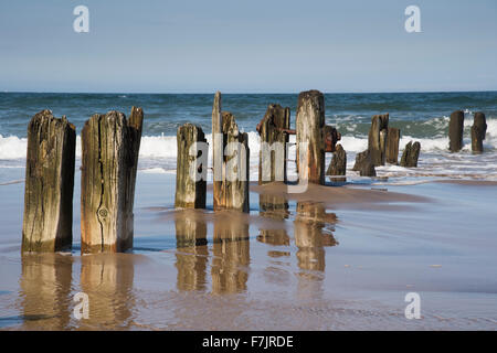 Sonne & blauen Sommerhimmel. Des Meeres Wellen schwappen die Küste, während alte hölzerne Buhnen im Wasser reflektiert werden. Whitbys Strand, Küste von Yorkshire, England, UK. Stockfoto