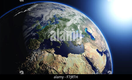 Planetenerde im Universum oder Weltraum, Erde und Galaxie in einem Nebel-Wolken Stockfoto