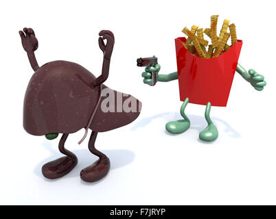 Kartoffelchips mit Armen schwingt Pistole an die menschliche Leber, 3d illustration Stockfoto