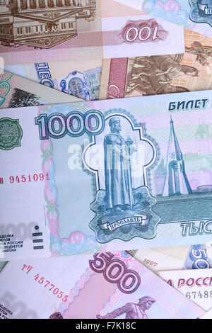 Russisches Geld Hintergrund. Rubel Banknoten Closeup Textur Stockfoto