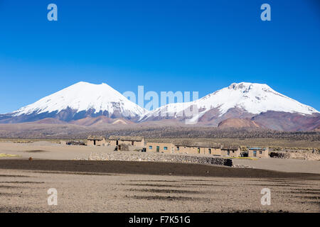 Vulkane Parinacota und Pomerade. Hohen Anden-Landschaft in den Anden. Hohen Anden-Tundra-Landschaft in den Bergen der Anden Stockfoto