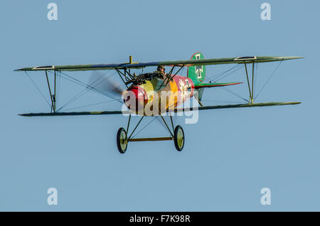 Pilot Rob Gauld-Galliers flog eine Reproduktion eines Albatros DVA WWI Flugzeug Flugzeug am Ersten Weltkrieg Flugplatz zu verstauen Maries, Essex, Großbritannien Stockfoto