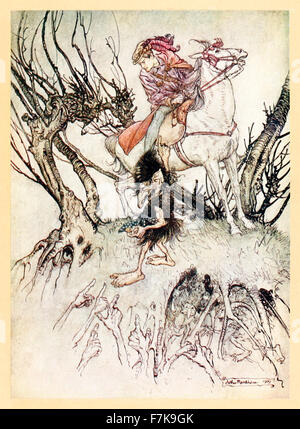 "Endlich zeigte sie ihre verschmutzten Fingern auf mich" von "Undine", illustriert von Arthur Rackham (1867-1939). Siehe Beschreibung für mehr Informationen. Stockfoto