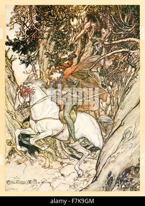 "Er hielt das Goldstück bei jedem Sprung von seinem schreien" falsches Gold! falsche Münze! falsche Münze! "von"Undine", illustriert von Arthur Rackham (1867-1939). Siehe Beschreibung für mehr Informationen. Stockfoto