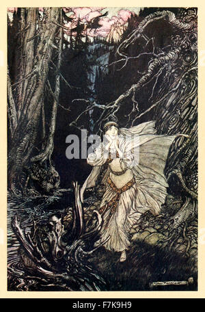 "Bertalda in das Black Valley" von "Undine", illustriert von Arthur Rackham (1867-1939). Siehe Beschreibung für mehr Informationen. Stockfoto