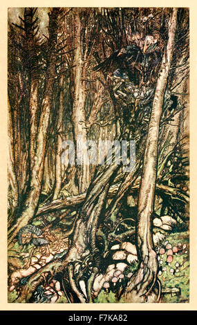 "Auf der Rückseite dieses kleinen Landzunge liegen einen furchterregenden Wald direkt gefährlich, durchqueren" aus "Undine", illustriert von Arthur Rackham (1867-1939). Siehe Beschreibung für mehr Informationen. Stockfoto