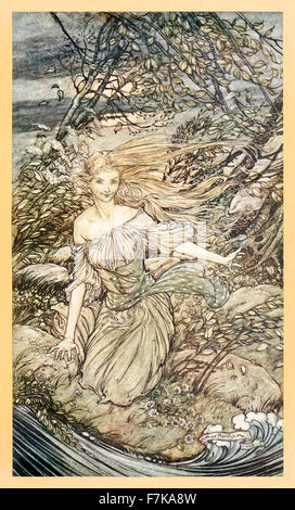 "Er sah durch das Mondlicht kurz vorgestellt, einer kleinen Insel, umgeben von der Flut; und gab es unter den Zweigen der überhängende Bäume Undine "von"Undine", illustriert von Arthur Rackham (1867-1939). Siehe Beschreibung für mehr Informationen. Stockfoto