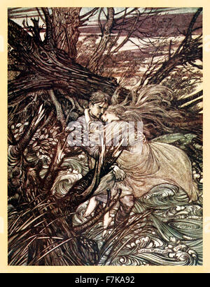 Der Ritter nahm das schöne Mädchen in seinen Armen... "von"Undine", illustriert von Arthur Rackham (1867-1939). Siehe Beschreibung für mehr Informationen. Stockfoto