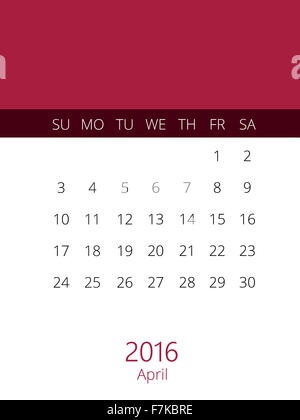 ein Kalender für das Jahr 2016 in weiß Stockfoto