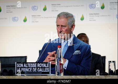 Le Bourget, Frankreich. 30. November 2015. Prinz Charles Adresse der Plenarsitzung der COP21, United Nations Climate Change Conference im Namen des Vereinigten Königreichs 30. November 2015 außerhalb von Paris in Le Bourget, Frankreich. Stockfoto