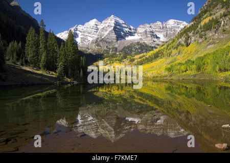 Herbstfarben von Espen spiegelt im See unter Maroon Bells, Colorado, in der Nähe von Aspen Stockfoto