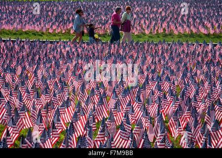 Die Menschen gehen über 20.000 amerikanische Flaggen, die für jeden Einwohner von Massachusetts angezeigt werden, die in den letzten 100 Jahren, Boston Common, Boston, MA, Memorial Day, 2012 in einem Krieg gestorben Stockfoto