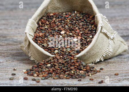 Linsen in einem kleinen hessischen Beutel auf Holztisch Stockfoto