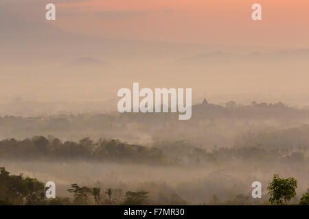 Bunte Sonnenaufgang über dem Vulkan Merapi und Borobudur-Tempel in nebligen Regenwald, Indoneisa Stockfoto