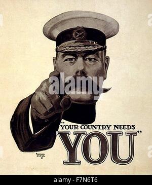 Lord Kitchener Wants You war eine britische Weltkrieg Rekrutierung Plakat "Ihr Land braucht Sie". Stockfoto