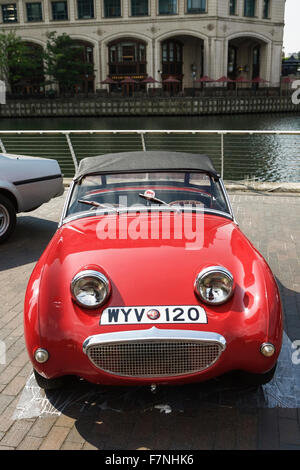 Austin Healy Frosch Eyed Sprite, Alten Englischen roten Sportwagen, London, UK. 1950s British Car. British Design Klassiker. Classic Car uk Stockfoto