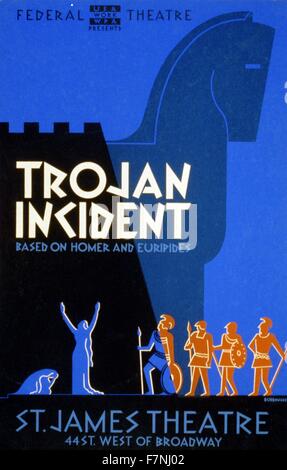 Federal Theater präsentiert "Trojan Incident' auf Homer und Euripides. Poster von Leslie Bryan Burroughs, Federal Theatre Project 1938. Siebdruck Poster für Federal Theatre Project Präsentation des "Trojanischen Incident' im St. James Theatre, 44 St. West Broadway, die Silhouette von Trojaner- und Soldaten. Stockfoto