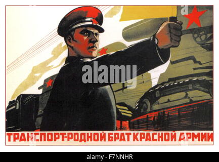Propagandaplakat der Sowjetunion. Text liest "Transport ist der Bruder der Roten Armee". Stockfoto