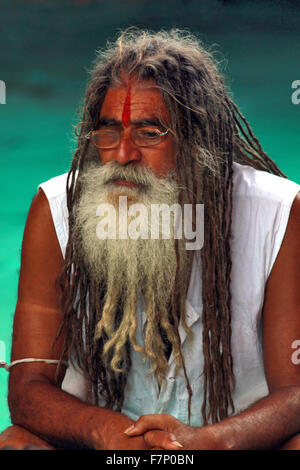 Sadhu mit langen verfilzten Haaren Maharaj Kumbh Mela, Nasik, Maharashtra, Indien Stockfoto