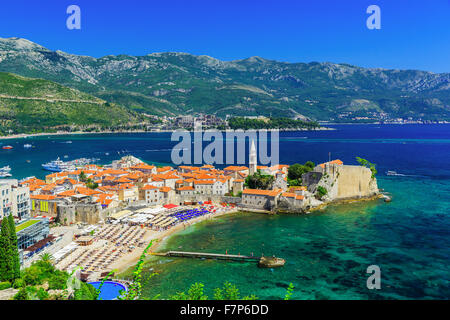 Budva, Montenegro. Panoramablick auf die Altstadt. Stockfoto