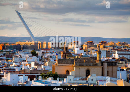 Skyline von oben des Metropol Parasol in Plaza De La Encarnación, im Hintergrund Alamillo-Brücke, Sevilla, Andalusien, Spanien Stockfoto