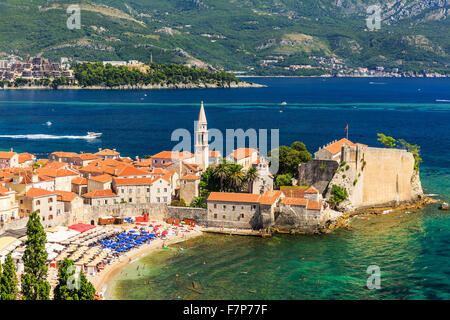 Budva, Montenegro. Panoramablick auf die Altstadt. Stockfoto