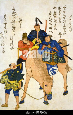 Drucken auf Hosho Papier, Holzschnitt, Farbe, der zwei japanische Männer und ein Ausländer Reiten auf einem Pferd während eines japanischen Bauern geht. Stockfoto