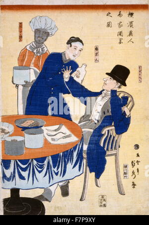 Japanische Arbeit auf Hosho Papier, Holzschnitt, Farbe. Titel des Werkes: Bankett in einem ausländischen Handelshaus in Yokohama, zeigt ein englische Händler sitzen an einem Tisch und Wesen wartete auf ein Chinese und ein Thai Koch während eines Banketts in einem Handelshaus in Yokohama, Japan. Künstler ist Sadahide Utagawa (1807-1873). Stockfoto