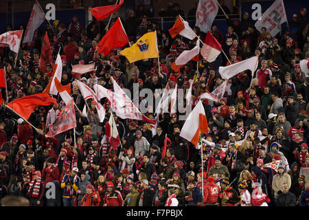 Harrison, NJ USA - 29. November 2015:Fans der Red Bulls unterstützen ihr Team bei Eastern Conference Finale zwischen Red Bulls & Columbus Crew SC Stockfoto