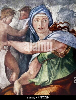 Die Delphische Sibylle (Detail aus der Sixtinischen Kapelle, Vatikan, Rom) 1509 von Michelangelo (1475-1564). Die Delphische Sibylle war eine legendäre Figur, die Prophezeiungen in den heiligen Bezirk von Apollo in Delphi, an den Hängen des Parnass gemacht Stockfoto