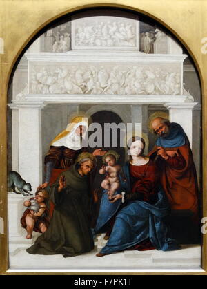 Gemälde mit dem Titel 'Die Heilige Familie mit Heiligen Franziskus' von Lodovico Mazzolino (1480-1528) italienischen Renaissance-Maler. Datiert 1509 Stockfoto