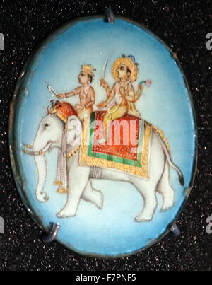 Hindu-Gottheit, Indra, der Gott des Donners... Aus einer Sammlung von Rondelle von Hindu-Gottheiten. Gouache auf Elfenbein mit Bleistift, Indisch, 19. Jahrhundert. Stockfoto