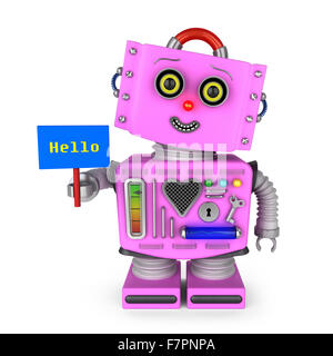 Rosa Vintage Spielzeug-Roboter-Mädchen mit einem Hallo Schild Stockfoto