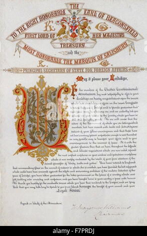 Glückwunschschreiben in Manuskriptform an Benjamin Disraeli nach dem Berliner Kongress (13 Juni – 13. Juli 1878) gesendet. Der Kongress war ein Treffen von Vertretern der Großmächte der Zeit (Russland, Großbritannien, Frankreich, Österreich-Ungarn, Italien und Deutschland), [1] vier Balkan-Staaten (Griechenland, Serbien, Rumänien und Montenegro) und dem Osmanischen Reich, mit dem Ziel zu bestimmen, die Gebiete der Staaten auf dem Balkan nach dem russisch-türkischen Krieg von 1877 – 78. Stockfoto