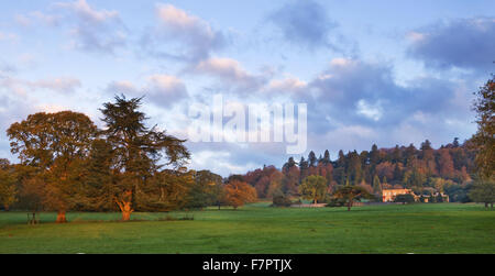 Blick über den Park, um das Haus am Killerton, Devon, im September. Stockfoto