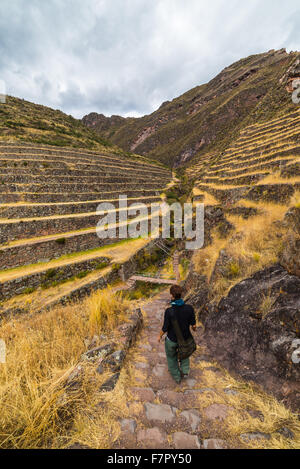 Touristische Erkundung des Inka-Trails und die majestätischen Terrassen von Pisac, Sacred Valley, großen Reiseziel in der Region Cusco, P Stockfoto