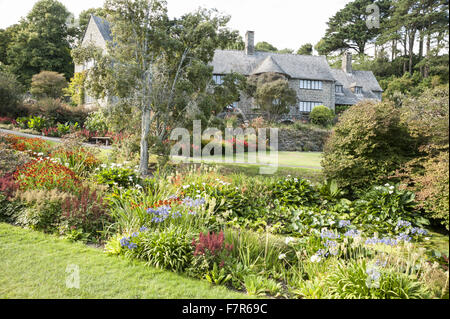 Bach hinunter ins Tal vor dem Haus am Coleton Fishacre, Devon. Pflanzung, enthält Feuchtigkeit liebende Pflanzen wie Zantedeschia Aethiopica, Astilbes, mit Agapanthus und Heleniums. Der Garten im Coleton Fishacre ist in einem Tal mit taumeln Stockfoto