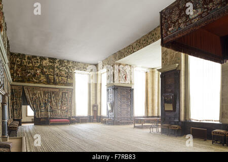 Die hohe Paradeschlafzimmer in Hardwick Hall, Derbyshire. Hardwick Hall entstand Ende des 16. Jahrhunderts für Bess of Hardwick. Stockfoto