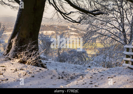 Ein Wintertag in Crickley Hill, Gloucestershire. Crickley Hill sitzt hoch auf die Cotswold Böschung mit Blick auf den walisischen Hügeln. Stockfoto