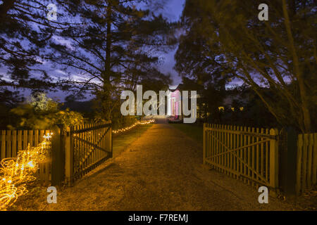 Blick auf Haus und Garten bei Trelissick, Cornwall, in der Weihnachtszeit mit bunten Lichtern beleuchtet. Stockfoto
