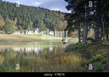 Blick über Tumbleton See, mit den Stallungen im Hintergrund, Cragside, Northumberland zu sehen. Stockfoto