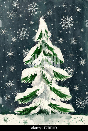 Weihnachten Tannenbaum mit Schnee auf dunkle, Aquarell Malerei auf Papier Stockfoto