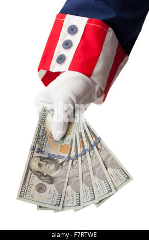 Uncle Sam Übergabe halten Geld, Isolated on White Background. Stockfoto