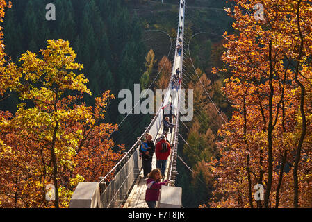 Hängebrücke über Geierlay Mörsdorfer Bachtal, Mörsdorf, Hunsrück, Rheinland-Pfalz, Deutschland Stockfoto