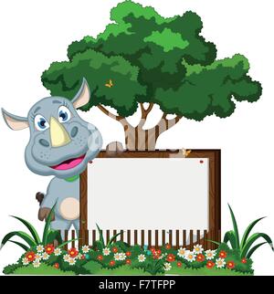 lustige Rhino Cartoon mit leere Zeichen auf Garten Stock Vektor