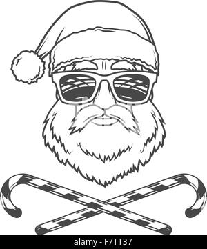 Santa Claus Biker mit Süßigkeiten Kegel und Hipster Gläser print-Design. Vintage Disco-Mann Weihnachten-Logo-Plakette. Rock And Roll Neujahr T-shirt Illustration. Stock Vektor