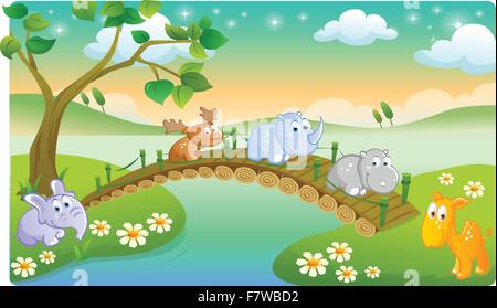 Cartoon junge Tiere spielen mit schöner Landschaft Stock Vektor