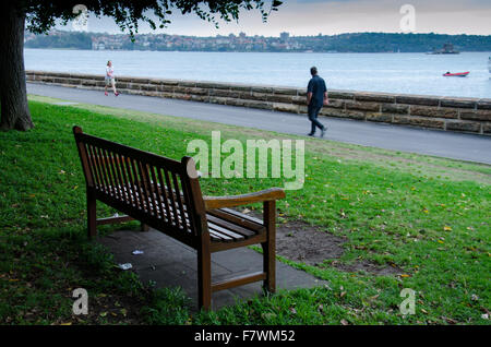 An einem bewölkten Morgen in Sydney, Australien, blickt eine leere Parkbank in den Royal Botanic Gardens auf den Hafen von Sydney Stockfoto