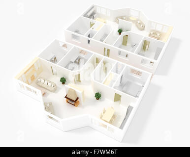 inneren 3D-Rendering Doppel dachlose möblierten Wohnung Stockfoto